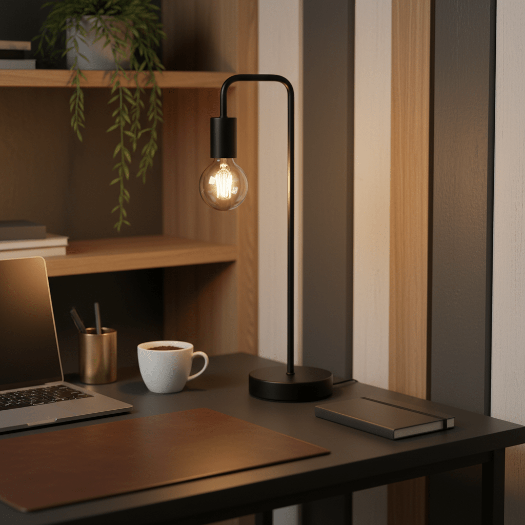 Sleek black metal table lamp on a desk beside a laptop and coffee cup, enhancing a modern workspace.