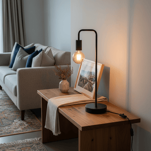 Sleek black metal table lamp on a wooden side table, illuminating a cozy lounge area with a sofa and decorative items.