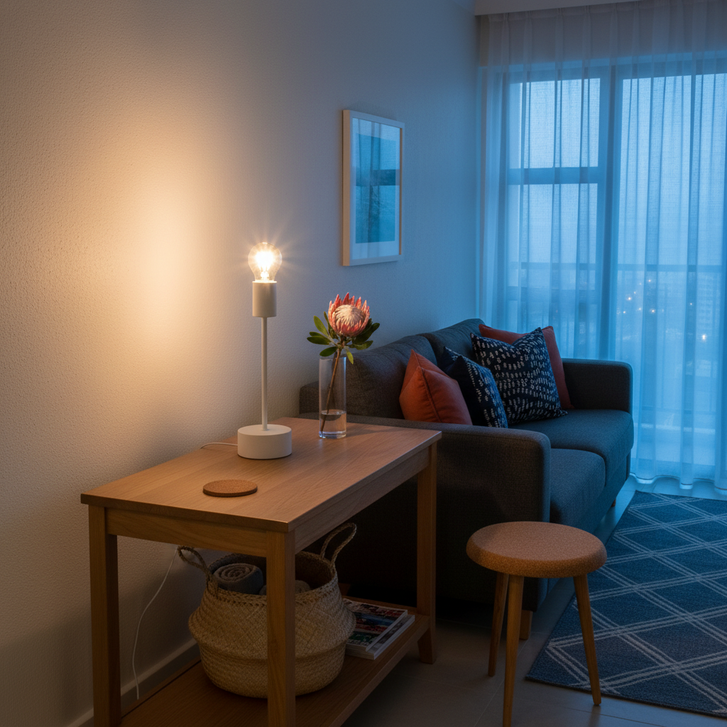 Bishop Metal Table Lamp on a wooden side table beside a cozy sofa, illuminating a stylish living room.
