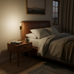 Bishop Metal Table Lamp on a bedside table beside a cozy bed, illuminating a warm atmosphere.