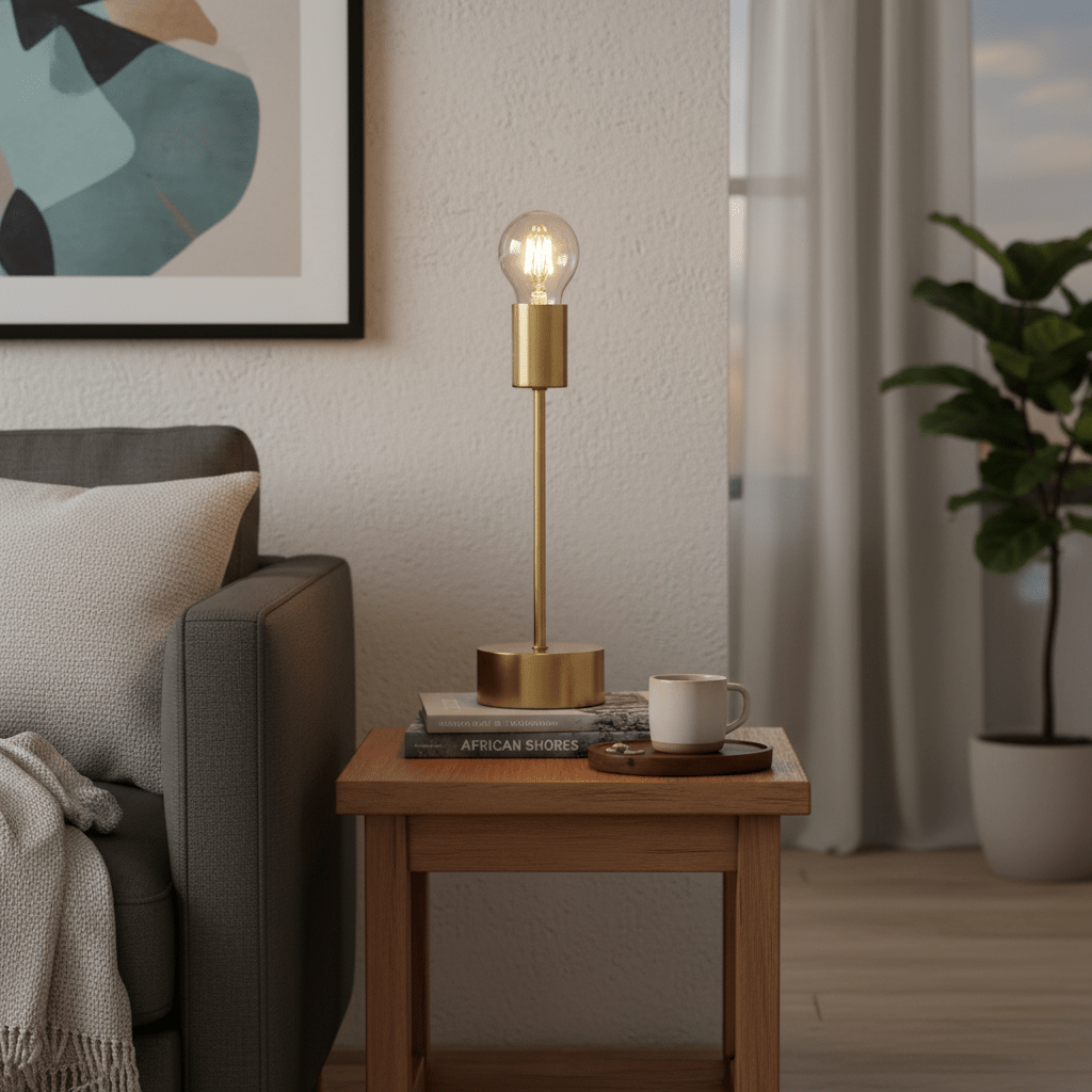 Bishop Metal Table Lamp on a wooden side table next to a cozy sofa, with books and a cup.