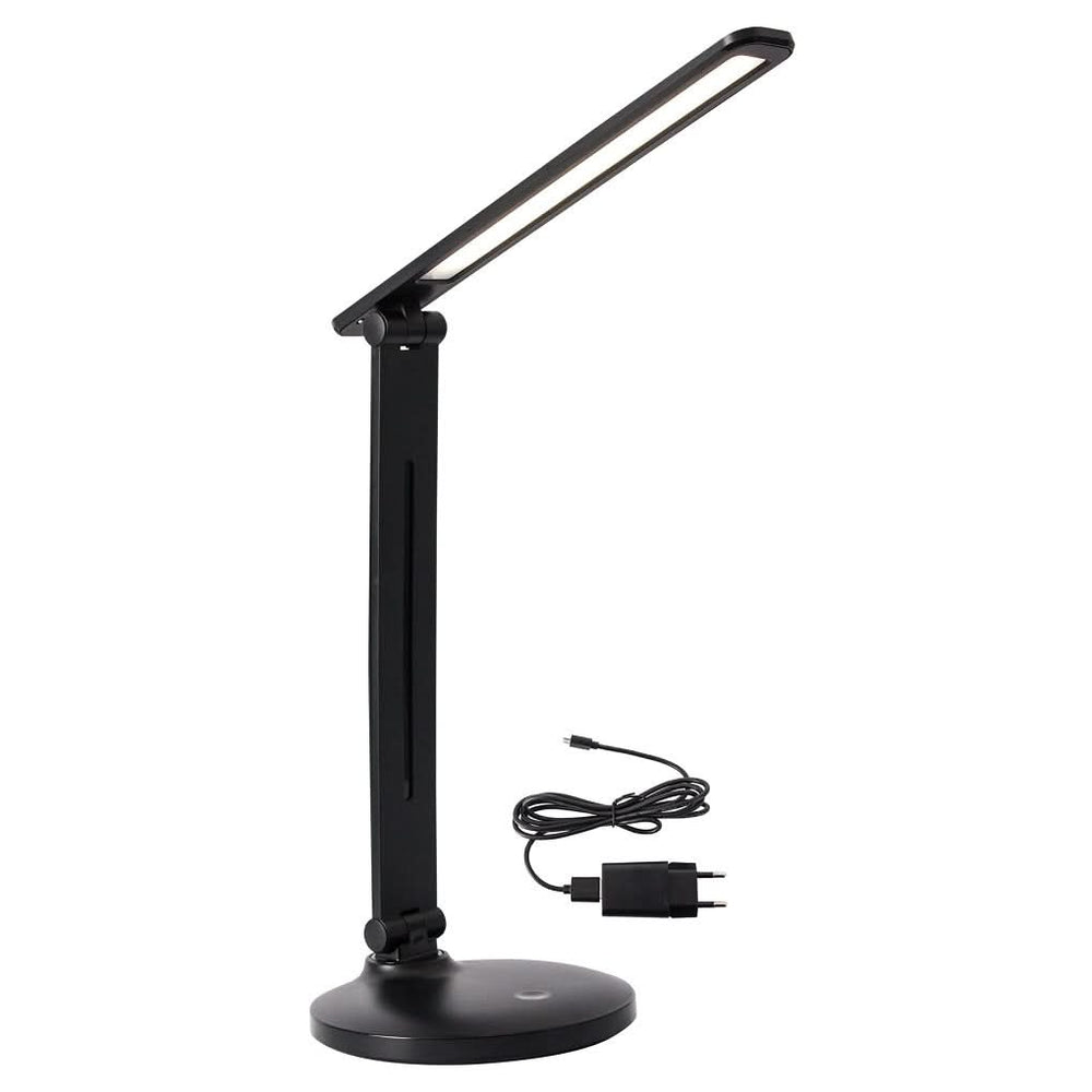 Black rechargeable desk lamp with adjustable arm and LED light, shown with power adapter and USB cable.