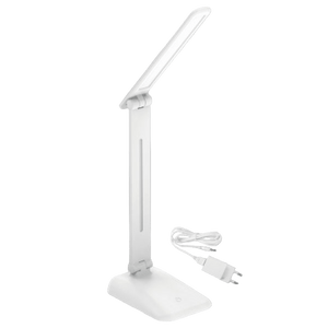White LED desk lamp with charging cable on a gray background