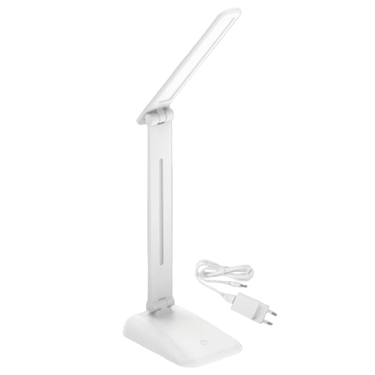White LED desk lamp with charging cable on a gray background