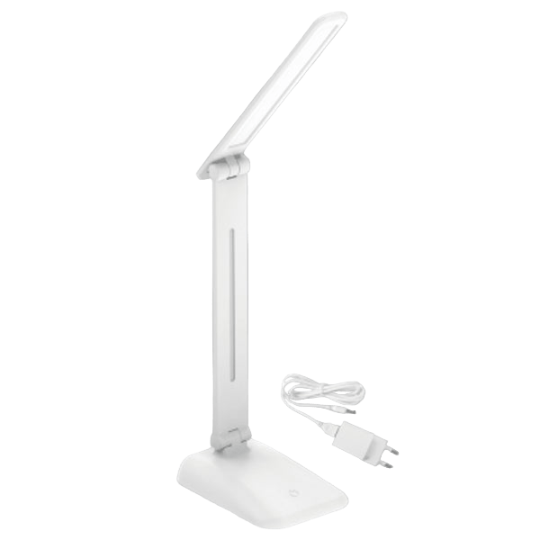 White LED desk lamp with charging cable on a gray background