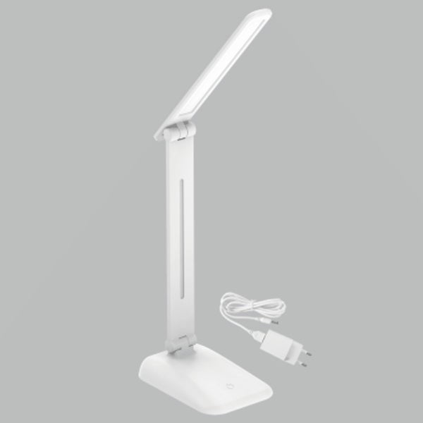 Sophia Rechargeable LED Table Lamp in white with a charging cable and adapter, showcasing its foldable arm design.