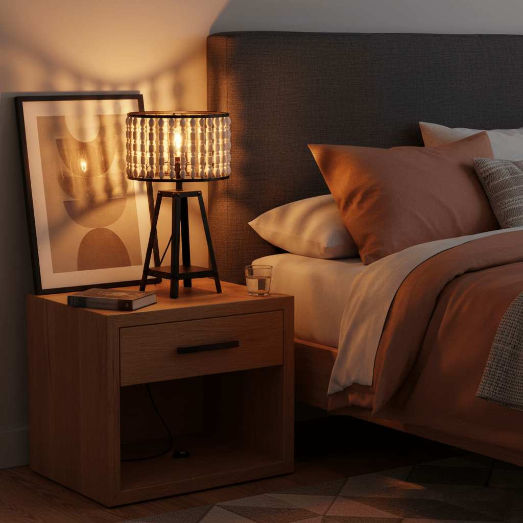 A stylish metal and wood bead table lamp on a bedside table, casting a warm glow in a cozy bedroom setting.