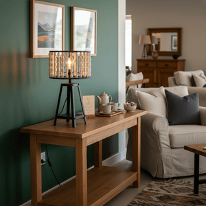 A metal and wood bead table lamp on a wooden console table, illuminating a cozy living space.