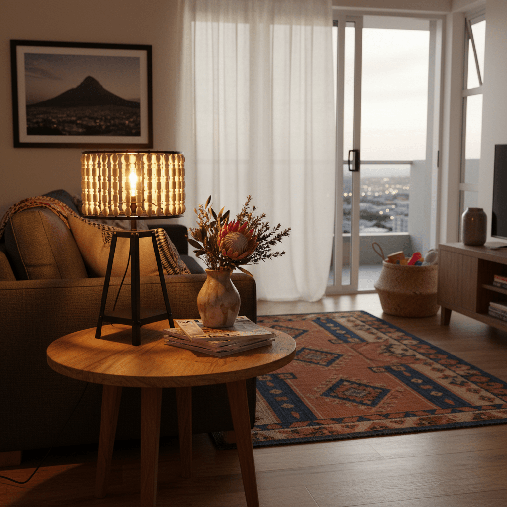 A stylish metal and wood bead table lamp on a round wooden table, with a cozy living room backdrop.