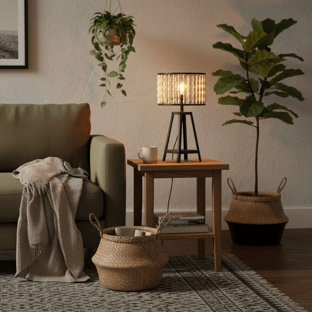 A cozy living room scene featuring a metal and wood bead table lamp on a wooden side table next to a green sofa.