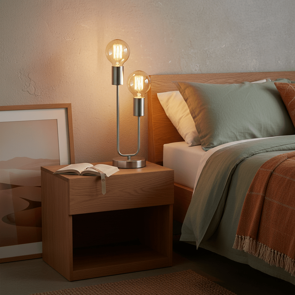 Stylish satin chrome table lamp on a wooden nightstand beside a bed, with an open book and decorative elements.