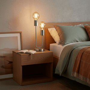 Stylish satin chrome table lamp on a wooden nightstand beside a bed, with an open book and decorative elements.