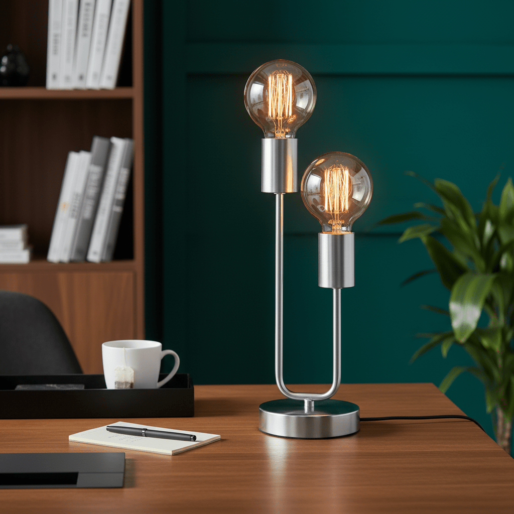 Hensel Satin Chrome Table Lamp with two bulbs on a wooden desk, surrounded by books and a plant.