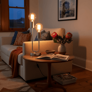A stylish table lamp with two bulbs on a wooden side table, next to a cozy sofa with decorative pillows.