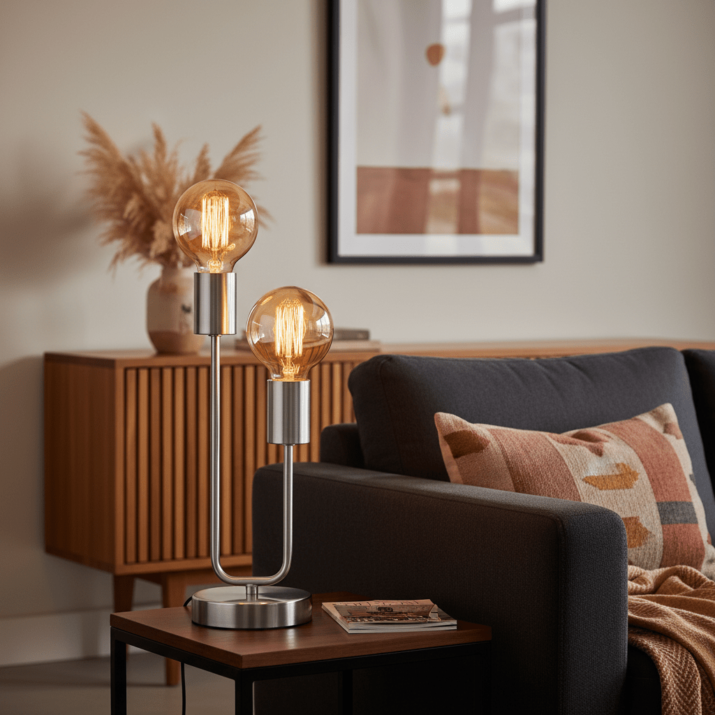 Stylish Hensel Satin Chrome Table Lamp with warm bulbs on a side table next to a cozy sofa.