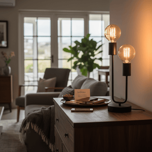 Matt black table lamp with two Edison bulbs on a wooden side table, cozy living room setting.