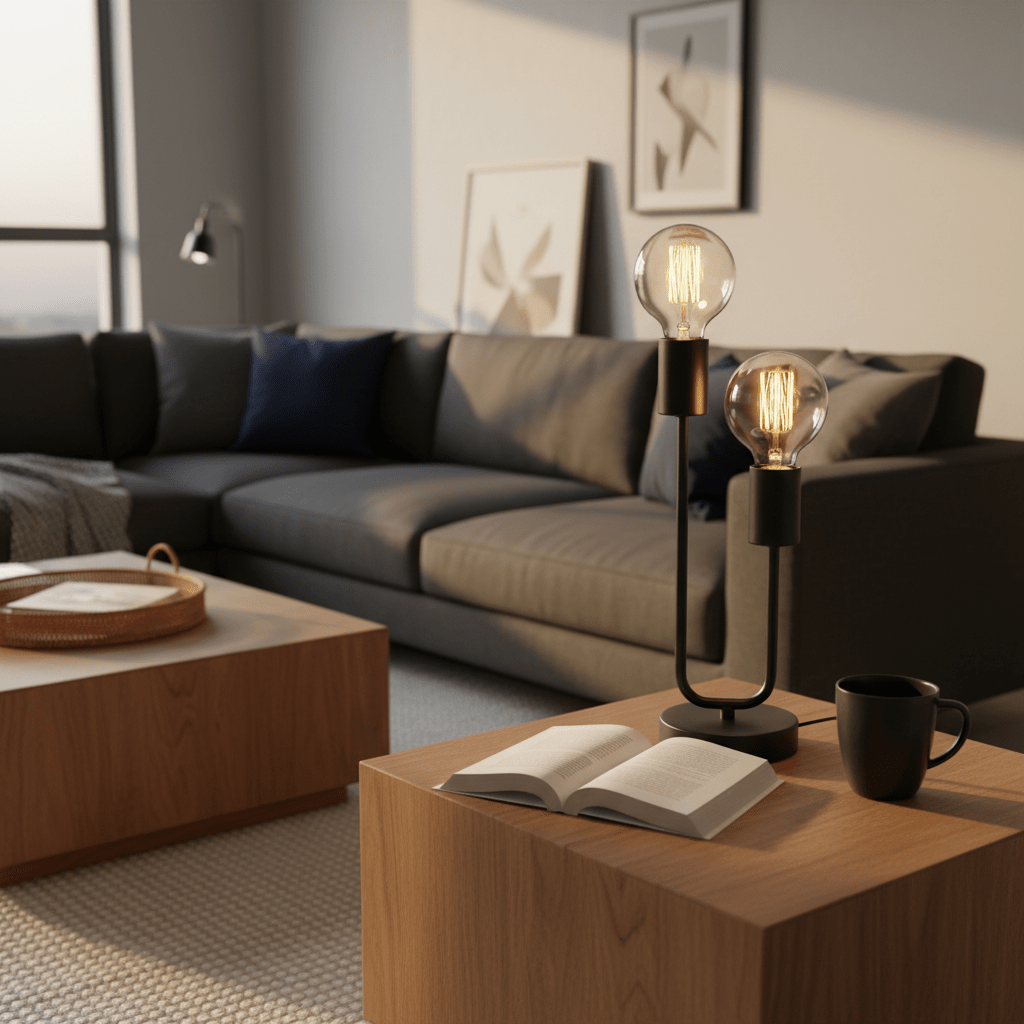 A matt black table lamp with two bulbs on a wooden coffee table, next to an open book and a coffee mug.