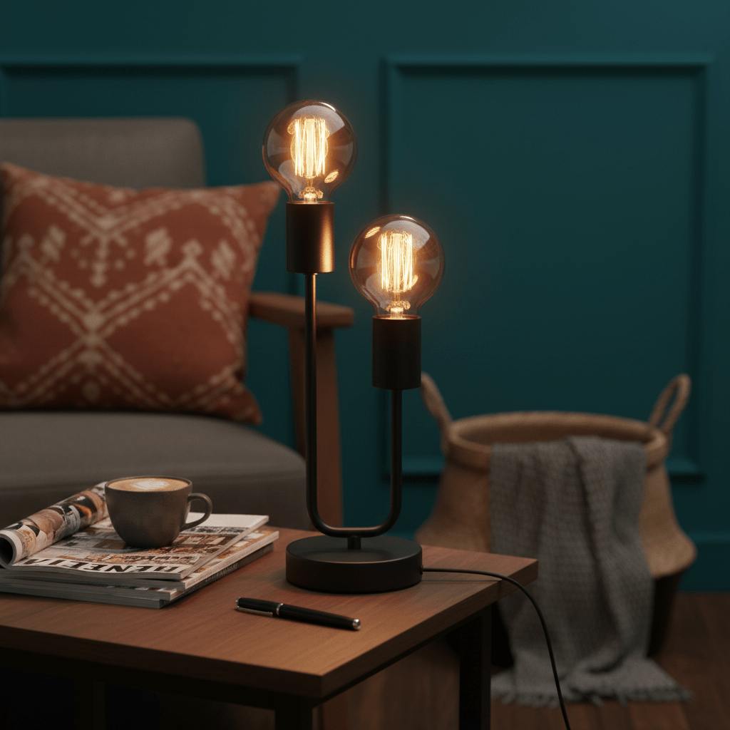 A stylish matt black table lamp with two bulbs on a wooden side table, next to a coffee cup and magazines.