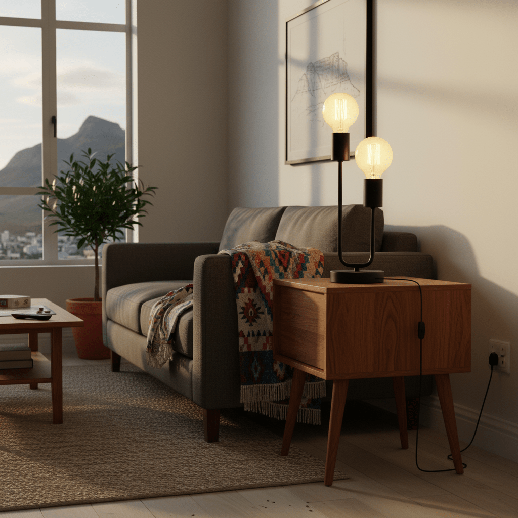 A stylish matt black table lamp on a wooden side table next to a grey sofa, with a cozy blanket draped over it.