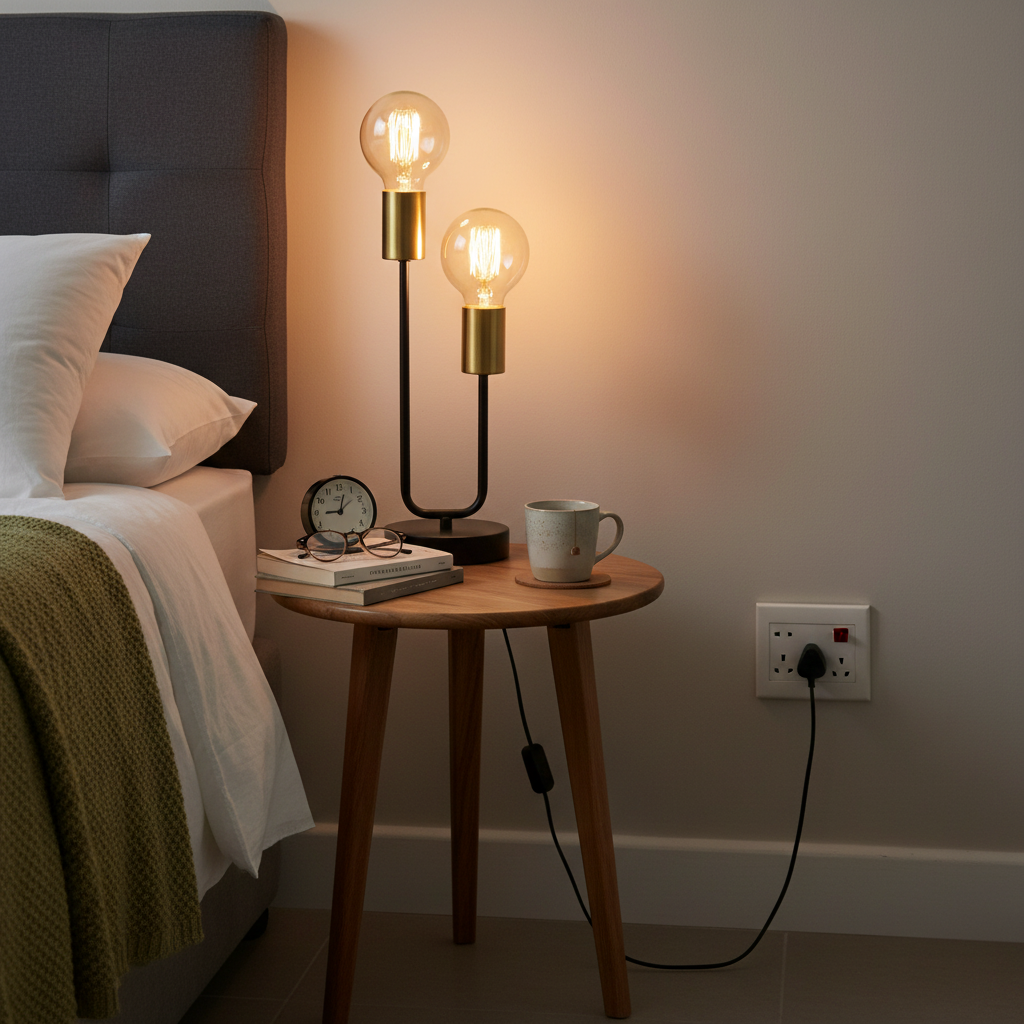 Stylish black and brass table lamp on a wooden bedside table with books, clock, and mug.