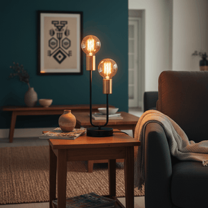 Stylish black and brass table lamp on a wooden side table, illuminating a cozy living space.