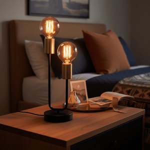 Stylish black and brass table lamp with two bulbs on a wooden bedside table, surrounded by decor.