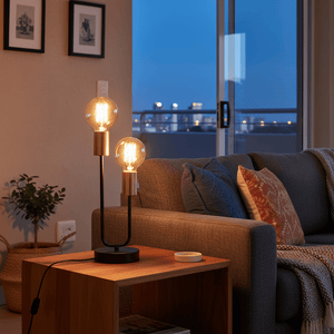 Hensel Black & Brass Table Lamp on a wooden side table, illuminating a cozy living room setting with a sofa and decorative