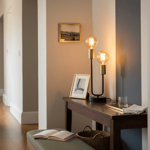 Stylish black and brass table lamp on a wooden console table, with a book and decorative items.