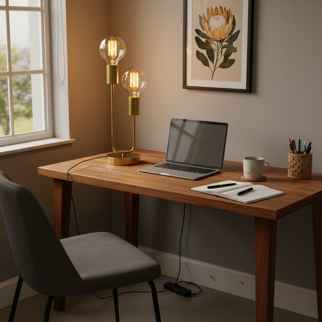 Hensel Brass Table Lamp on a wooden desk beside a laptop, with a notebook and a mug.
