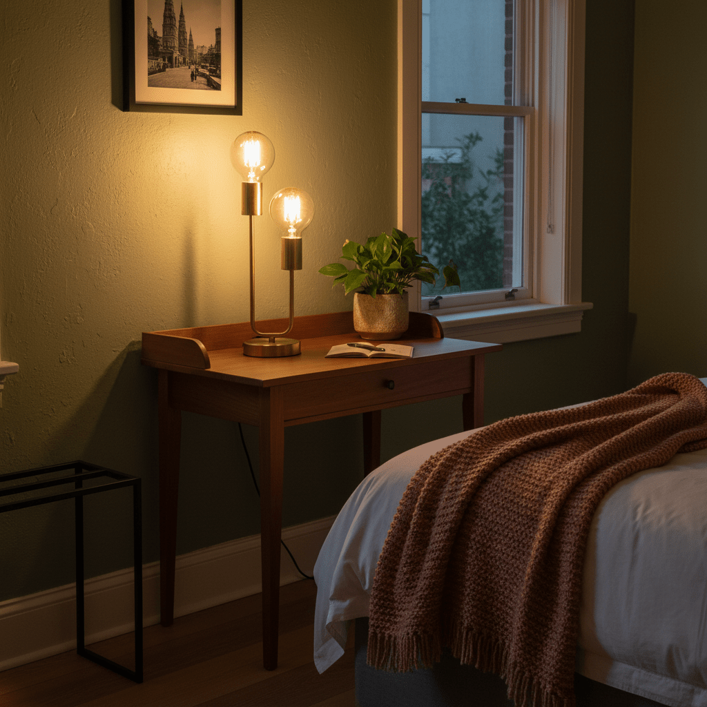 Hensel Brass Table Lamp on a wooden desk with a plant, book, and cozy blanket in a softly lit bedroom.