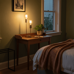 Hensel Brass Table Lamp on a wooden desk with a plant, book, and cozy blanket in a softly lit bedroom.