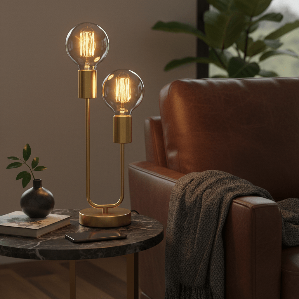 Hensel Brass Table Lamp on a marble side table next to a brown leather chair, with warm light bulbs and a plant.