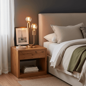 Hensel Brass Table Lamp on a wooden bedside table with a photo frame and books, creating a cozy bedroom ambiance.