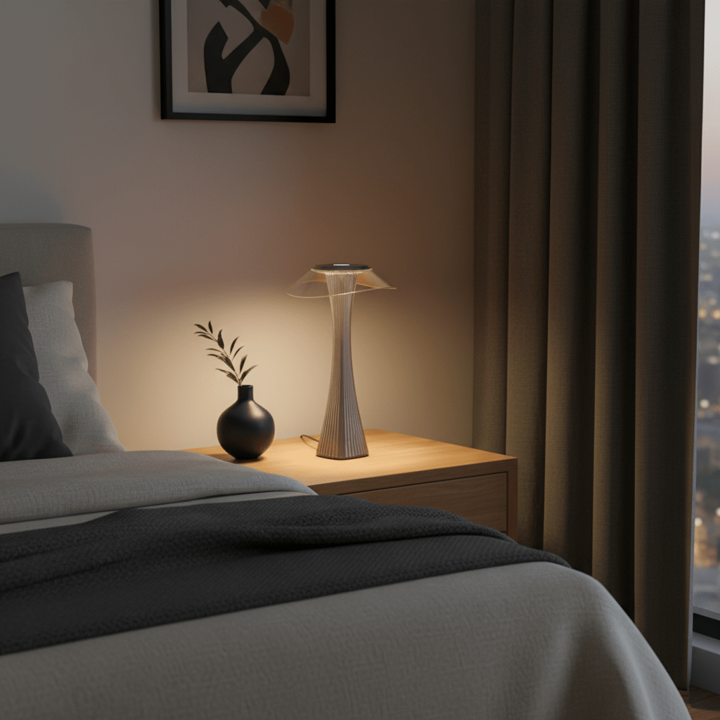 Grey rechargeable LED table lamp on a bedside table next to a black vase and cozy bedding.