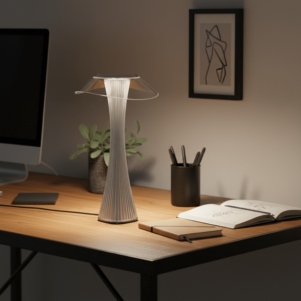 A grey rechargeable LED table lamp on a wooden desk, illuminating a notebook and sketches.