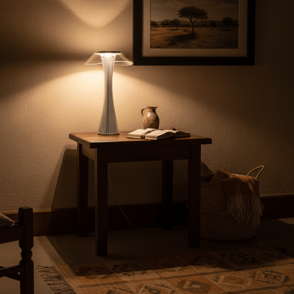 A grey rechargeable LED table lamp on a wooden table, illuminating an open notebook and a ceramic jug.