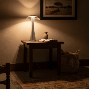 A grey rechargeable LED table lamp on a wooden table, illuminating an open notebook and a ceramic jug.