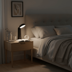 Rechargeable mini LED table lamp illuminating a bedside table with an open book and clock.