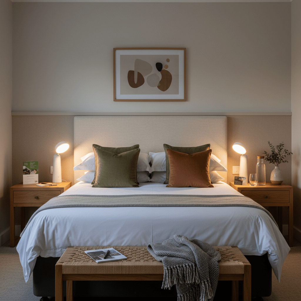 Rechargeable mini LED table lamp on bedside table in a cozy bedroom setting.