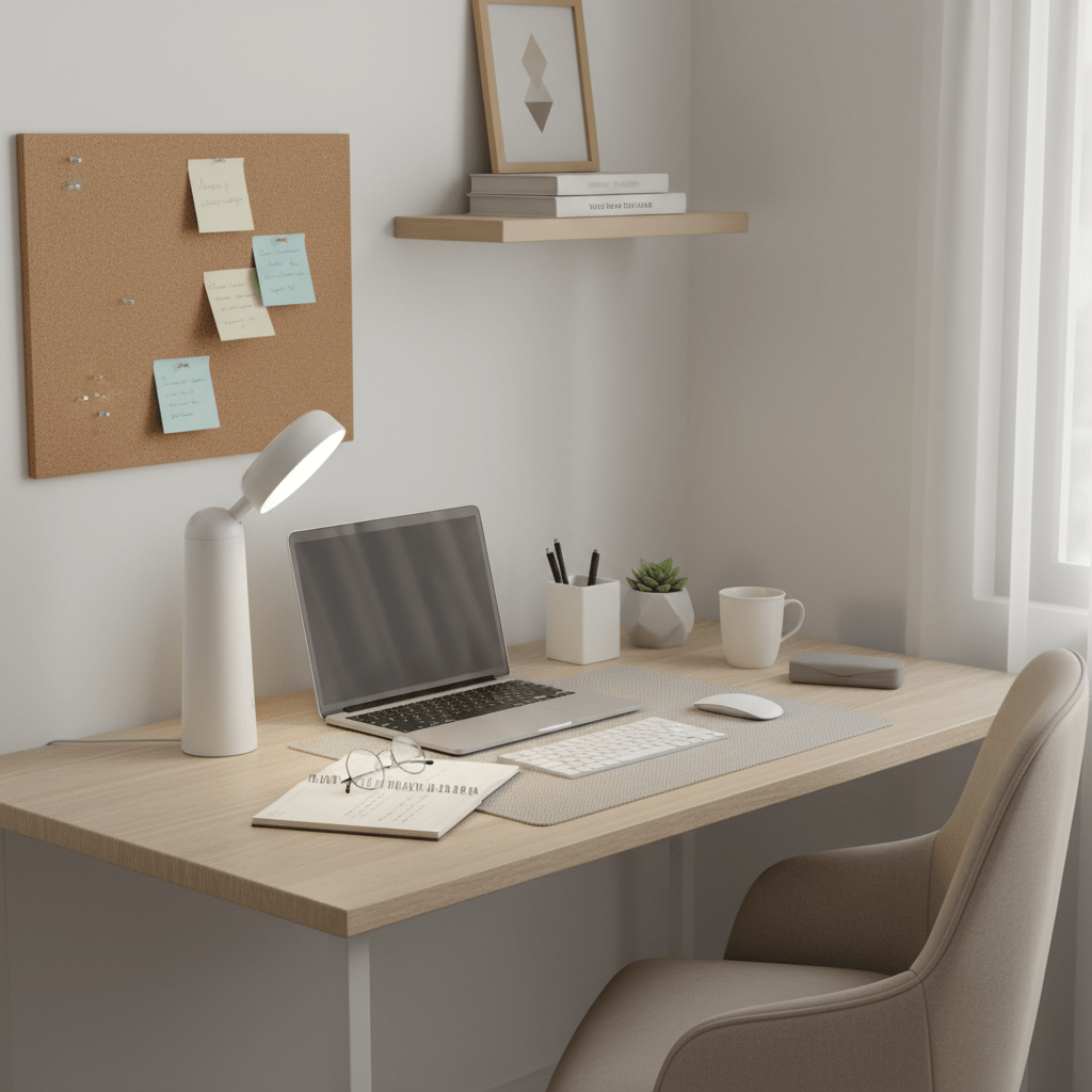 A modern desk setup featuring a rechargeable mini LED table lamp, laptop, and stationery.