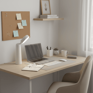 A modern desk setup featuring a rechargeable mini LED table lamp, laptop, and stationery.