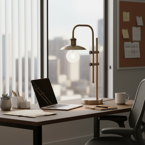 Finique Brass Table Lamp on a modern desk with a laptop, notebook, and coffee mug, showcasing its adjustable design.
