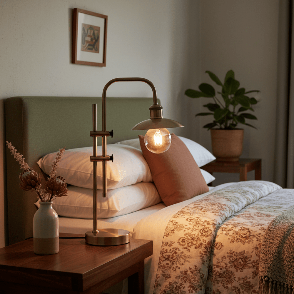 Finique Brass Table Lamp on a bedside table with decorative pillows and a plant in a cozy bedroom setting.
