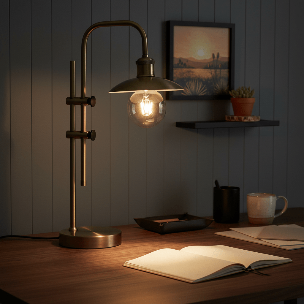 Finique Brass Table Lamp illuminating a wooden desk with an open book, coffee mug, and decorative items.