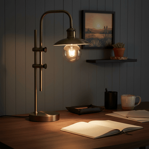 Finique Brass Table Lamp illuminating a wooden desk with an open book, coffee mug, and decorative items.