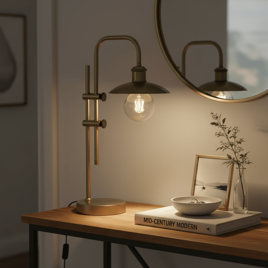 Finique Brass Table Lamp on a wooden table with a book, bowl, and framed photo, reflecting warm light.