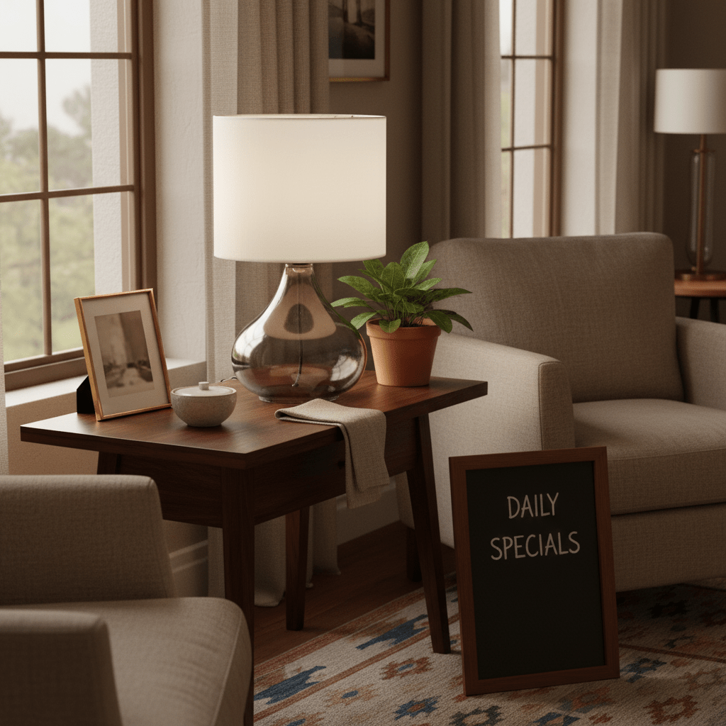 Wilson Smoke & Beige Table Lamp on a wooden side table with a plant and framed photo.
