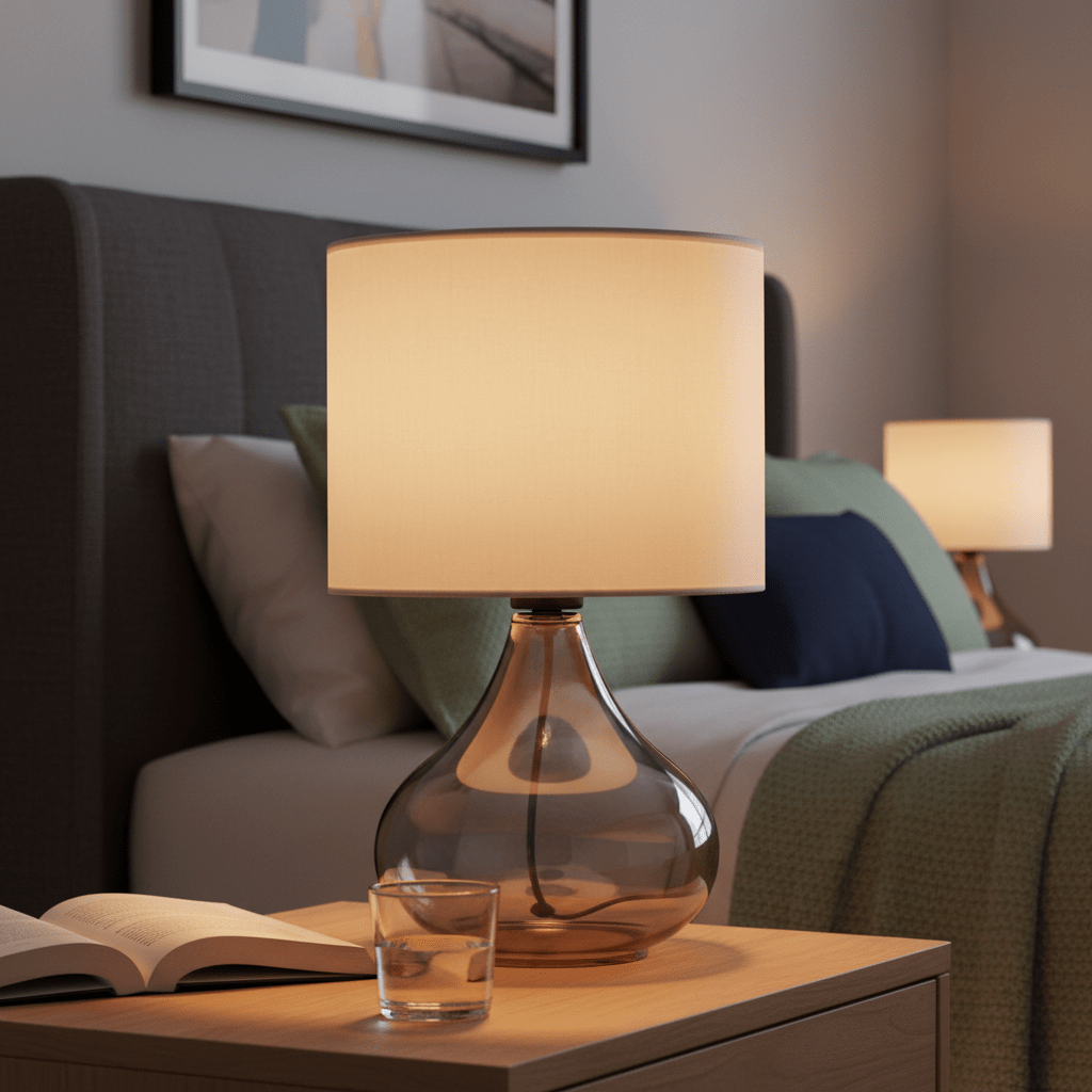 Close-up of the Wilson Smoke & Beige Table Lamp on a bedside table, featuring a smoke-glass base and beige shade.