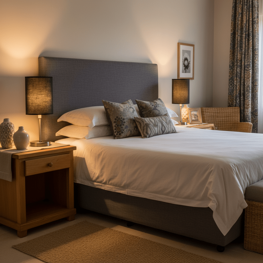 Cozy bedroom featuring twin antique brass table lamps with black shades on bedside tables, warm lighting ambiance.