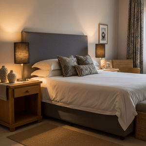 Cozy bedroom featuring twin antique brass table lamps with black shades on bedside tables, warm lighting ambiance.
